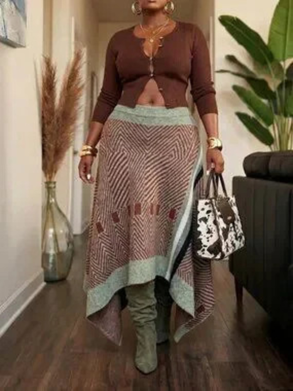 Multicolor Casual Women's knit sweater asymmetrical skirt